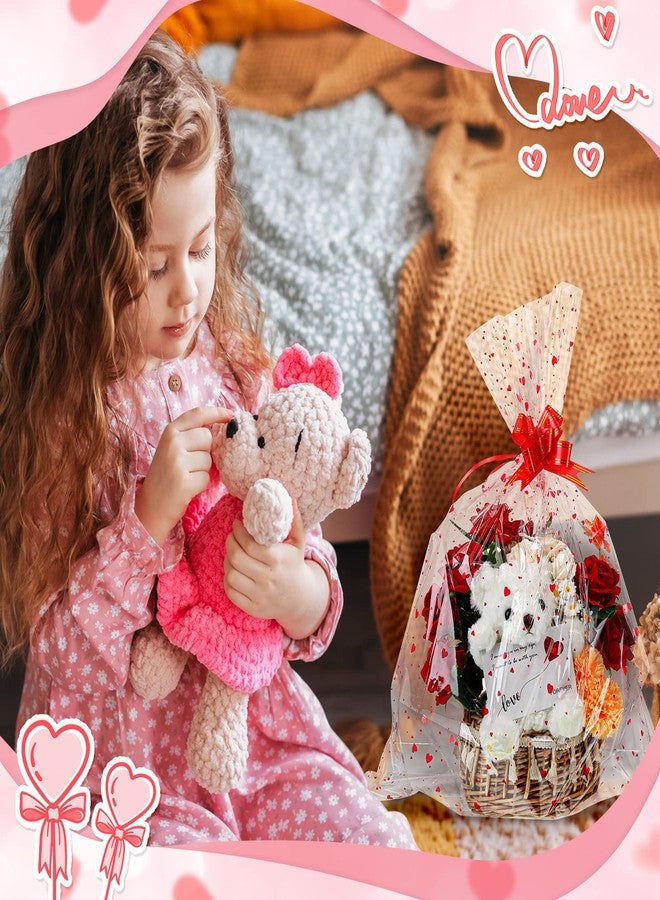 Geelin 15 Set Valentine Basket Bags with Bows Cellophane Heart Printed Basket Bags with 15 Pcs Pull Bows, 22.8 x 28 Inches Gift Wrapping Supplies for Cookie Dolls Gifts Candy Crafts Fruits - Image 5